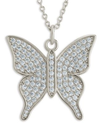Rhodium-Plated Brass Pave Cubic Zirconia Butterfly Pendant Necklace