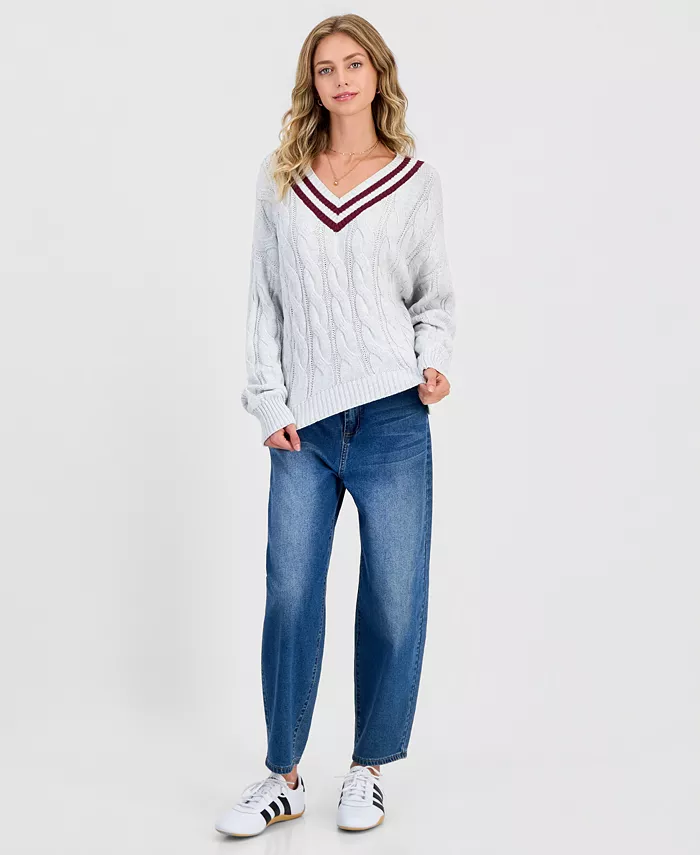 Juniors' V-Neck Varsity Cable-Knit Sweater - thumbnail 4