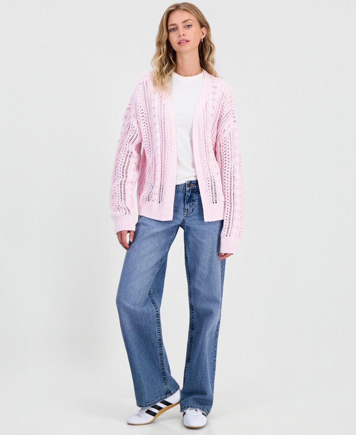 Hippie Rose Juniors' Pointelle Open-Front Cardigan