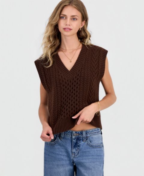 Женский жилет Hooked Up by IOT Juniors' Cable-Knit Sweater Vest, цвет: Шоколадный