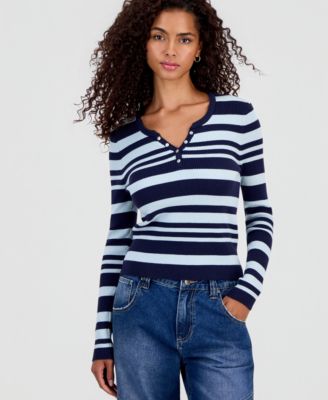 Juniors' Striped Snap Henley Stripe Sweater