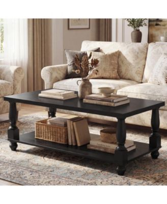Farmhouse Coffee Table with Solid Turned Legs, 2-Tier Living Room Center Table with Storage