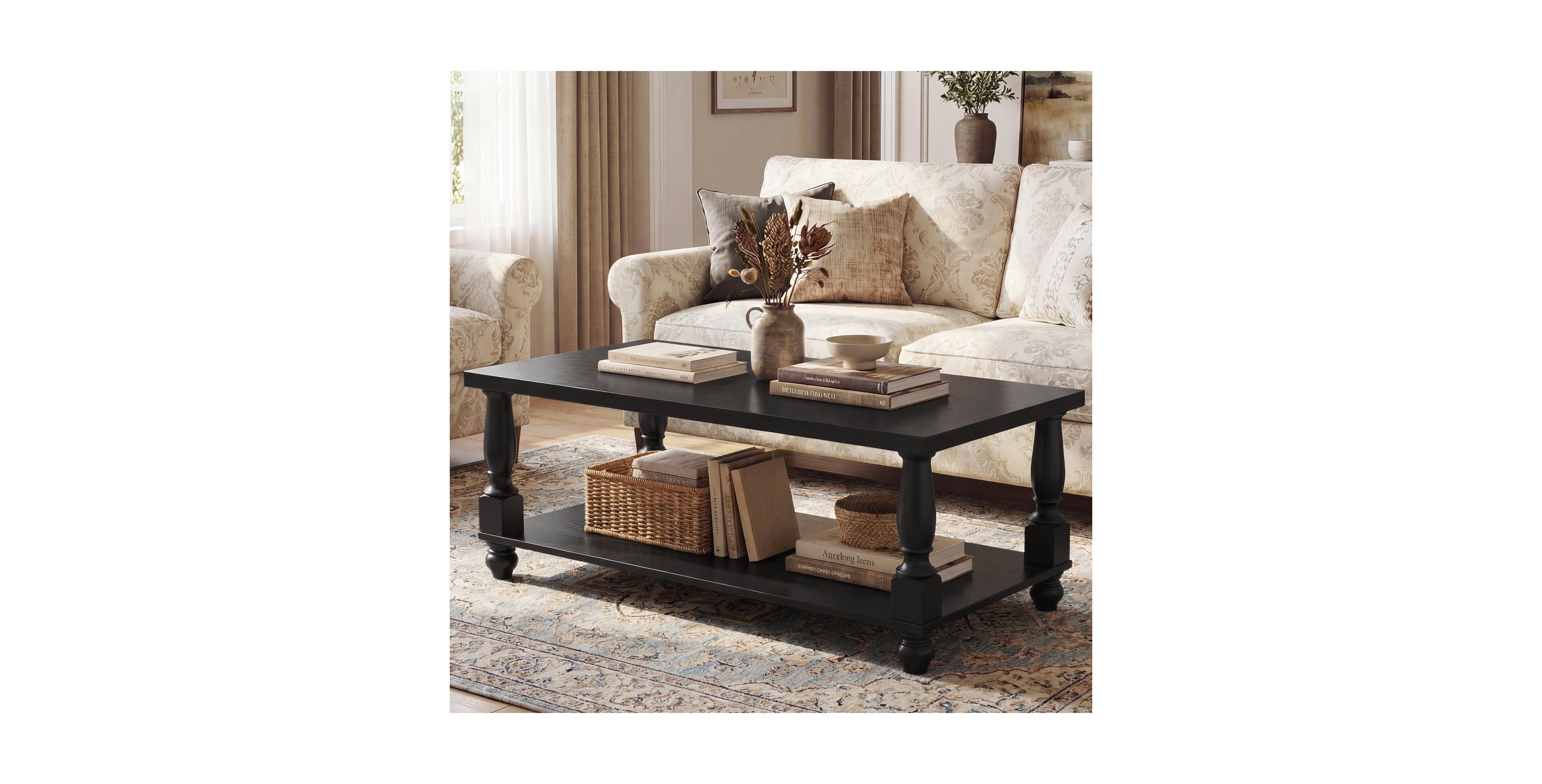 Aheaplus Farmhouse Coffee Table with Solid Turned Legs, 2-Tier Living Room Center Table with Storage