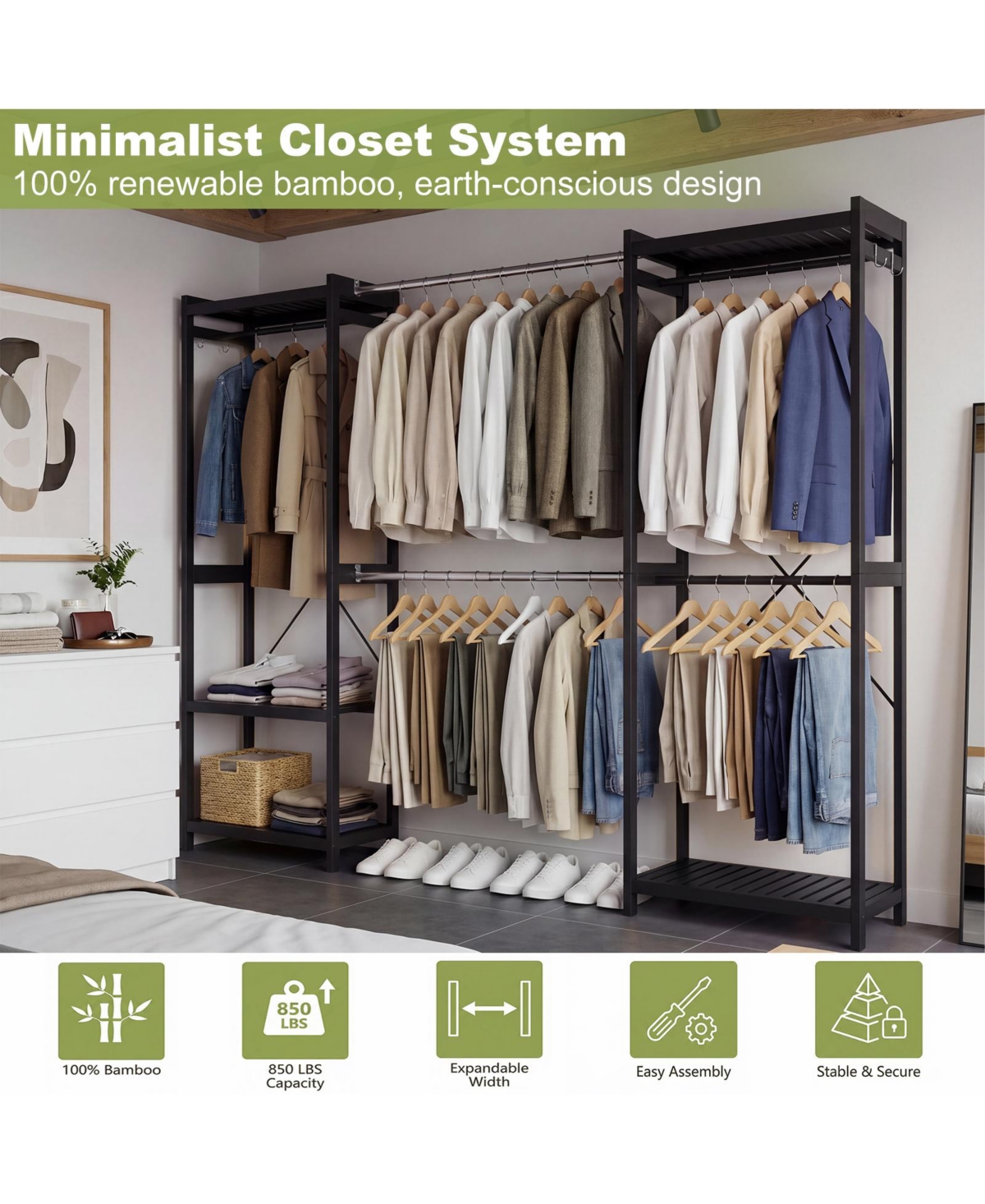 Aheaplus Bamboo Closet System with 5 Hanger Rods and Shelves, Expandable Clothing Rack