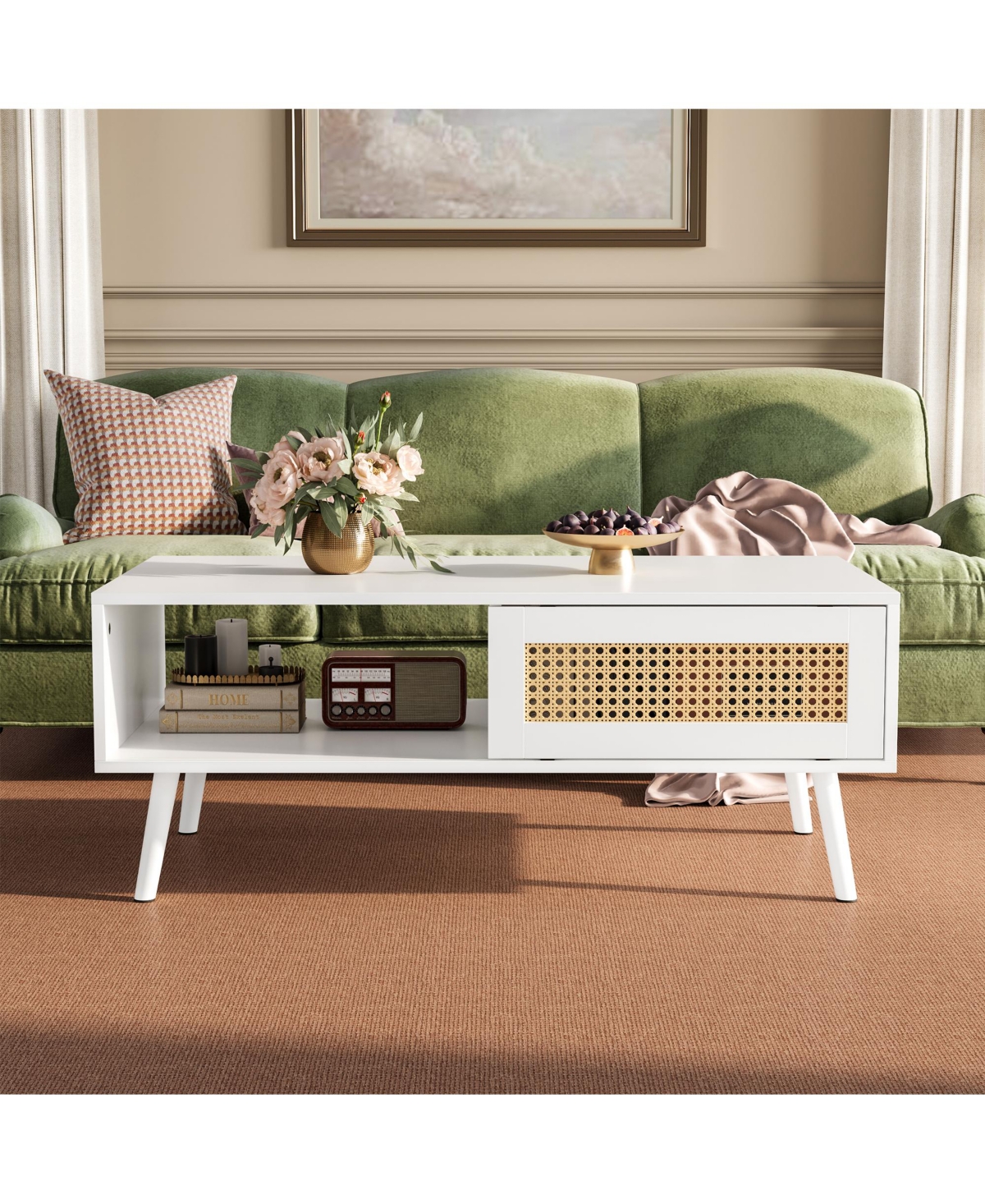 homfan Rattan Coffee Table with Storage, Farmhouse Boho Center Sofa Table with Sliding Door and Open Shelf for Living Room, Bedroom