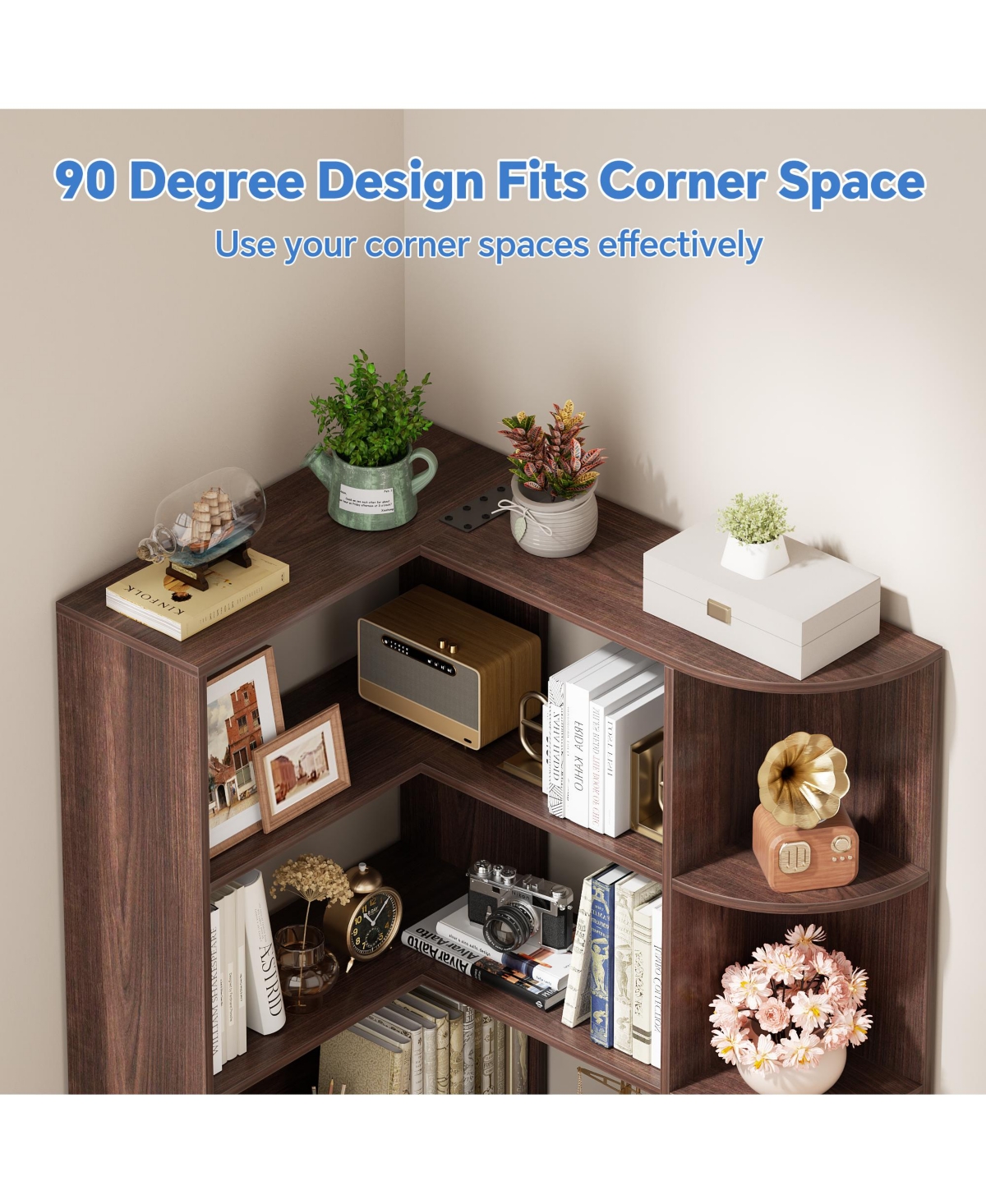 Aheaplus 71" Tall 6-Tiers Corner Bookshelf with Open Storage, Wooden Display Shelves for Bedroom