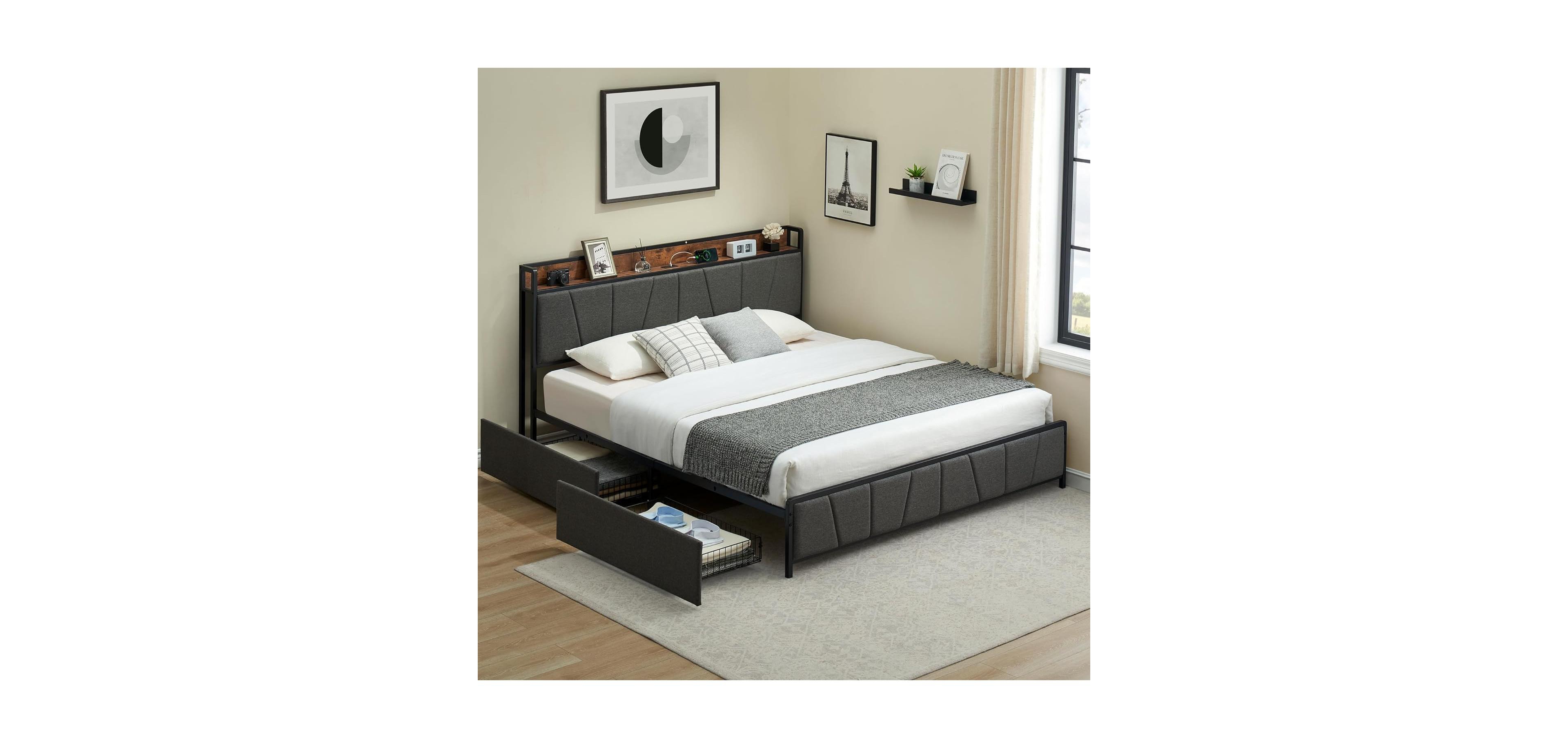 homfan Upholstered Bed Frame with Storage Headboard, Charging Station, 2 Drawers, Metal Slat Support