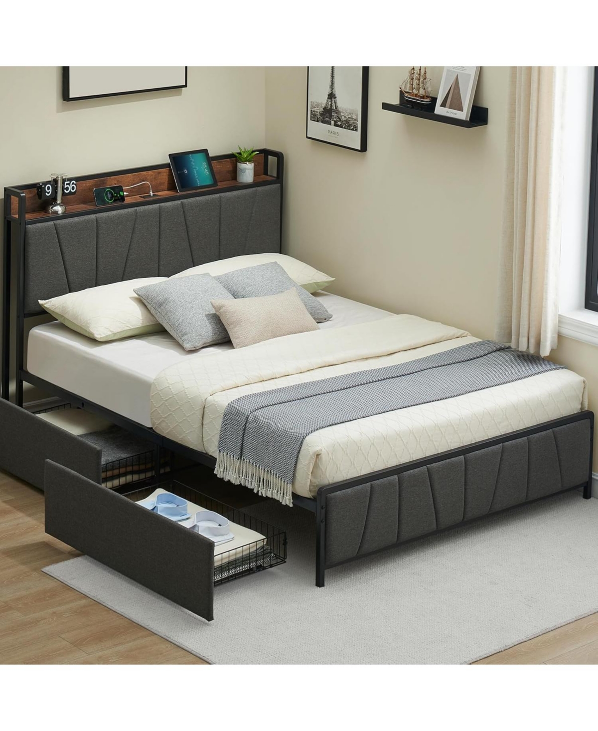 homfan Upholstered Bed Frame with Storage Headboard, Charging Station, 2 Drawers, Metal Slat Support