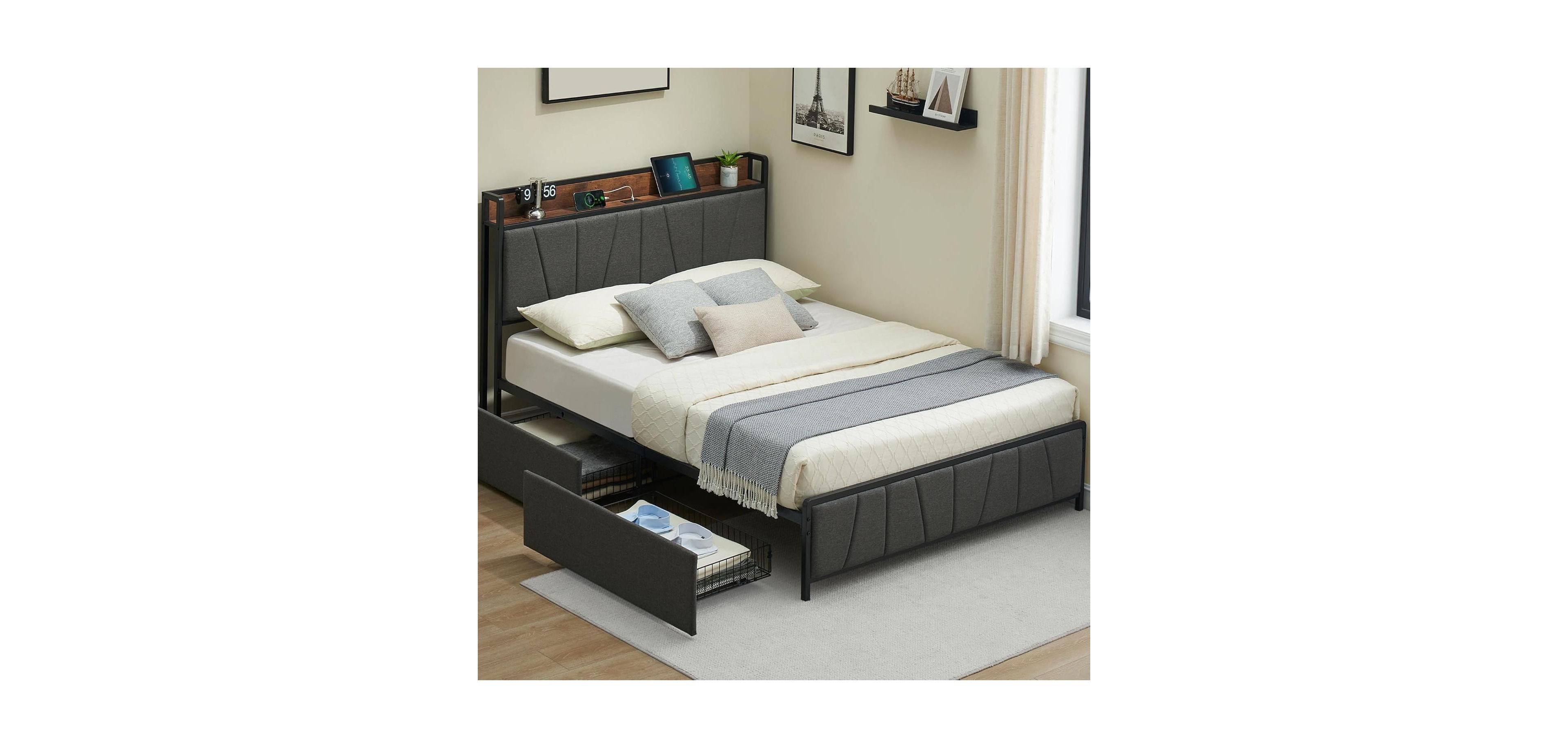 homfan Upholstered Bed Frame with Storage Headboard, Charging Station, 2 Drawers, Metal Slat Support
