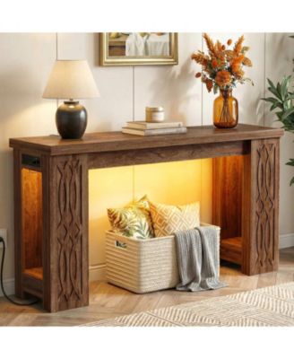 Wooden Console Table Sofa Table with Charging Station Entryway Table with LED Lights