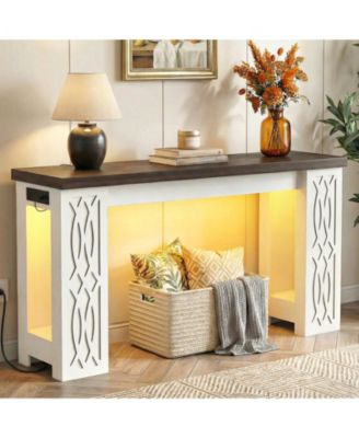 Wooden Console Table Sofa Table with Charging Station Entryway Table with LED Lights