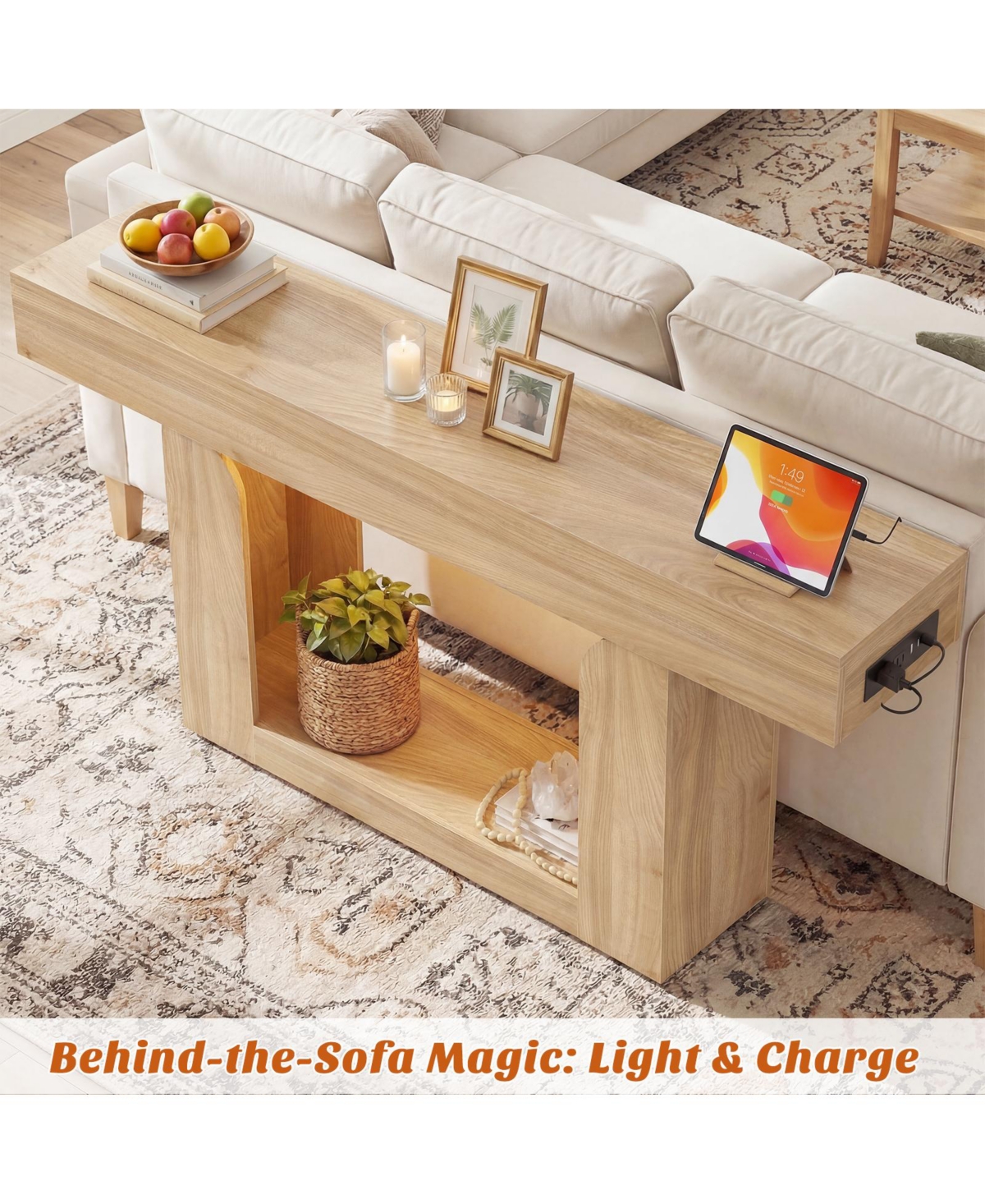 Aheaplus Entryway Table with Charging Station, Console Rgb Led Light, Wooden Sofa