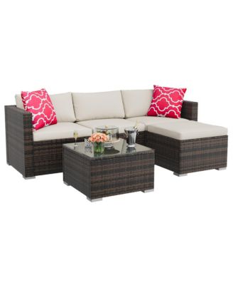 Outdoor Patio Furniture Set with Modular Wicker Sectional Washable Cushions and Glass Top Table