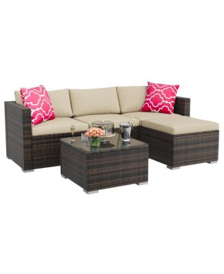 Outdoor Patio Furniture Set with Modular Wicker Sectional Washable Cushions and Glass Top Table