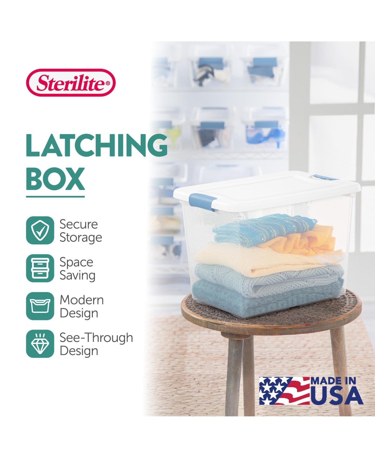 Sterilite 25 Quart Latching Storage Box, Stackable Bin with Latch Lid, 6 Pack