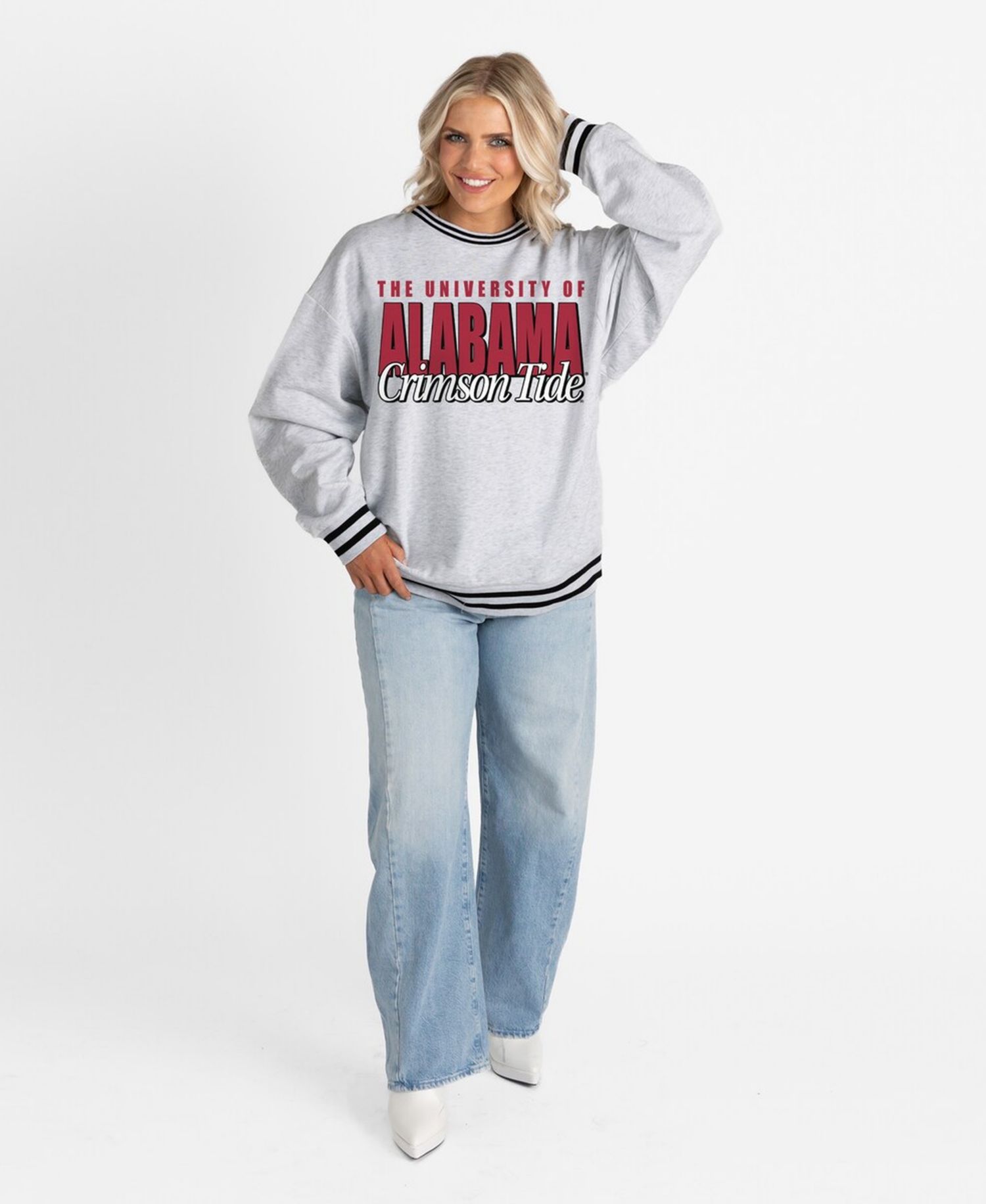 Women's Gray Alabama Crimson Tide Oversized Showdown Ringer Stripe Sweatshirt