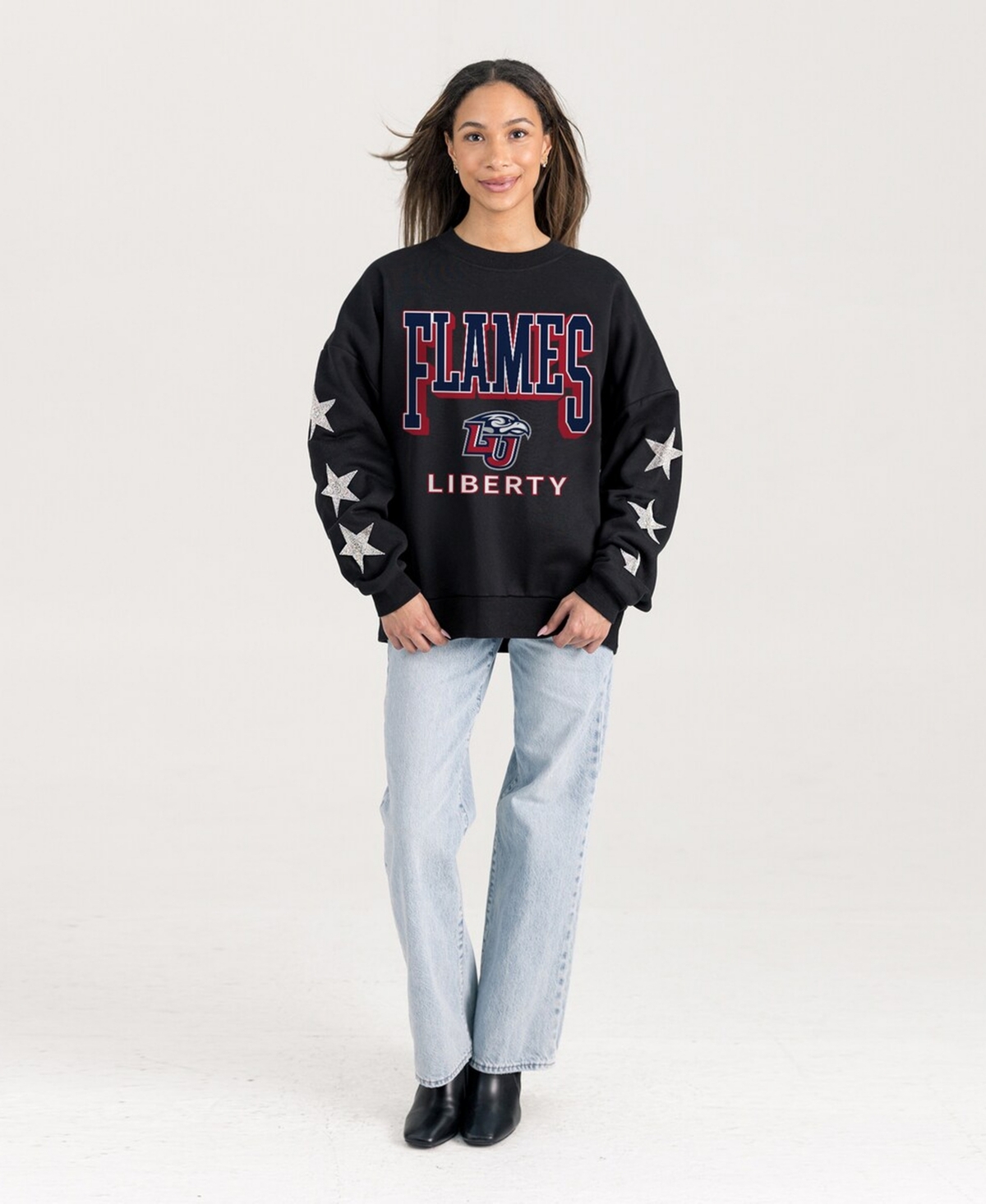 Gameday Couture Women's Black Liberty Flames Pure Victory Relaxed Rhinestone Pullover Sweatshirt