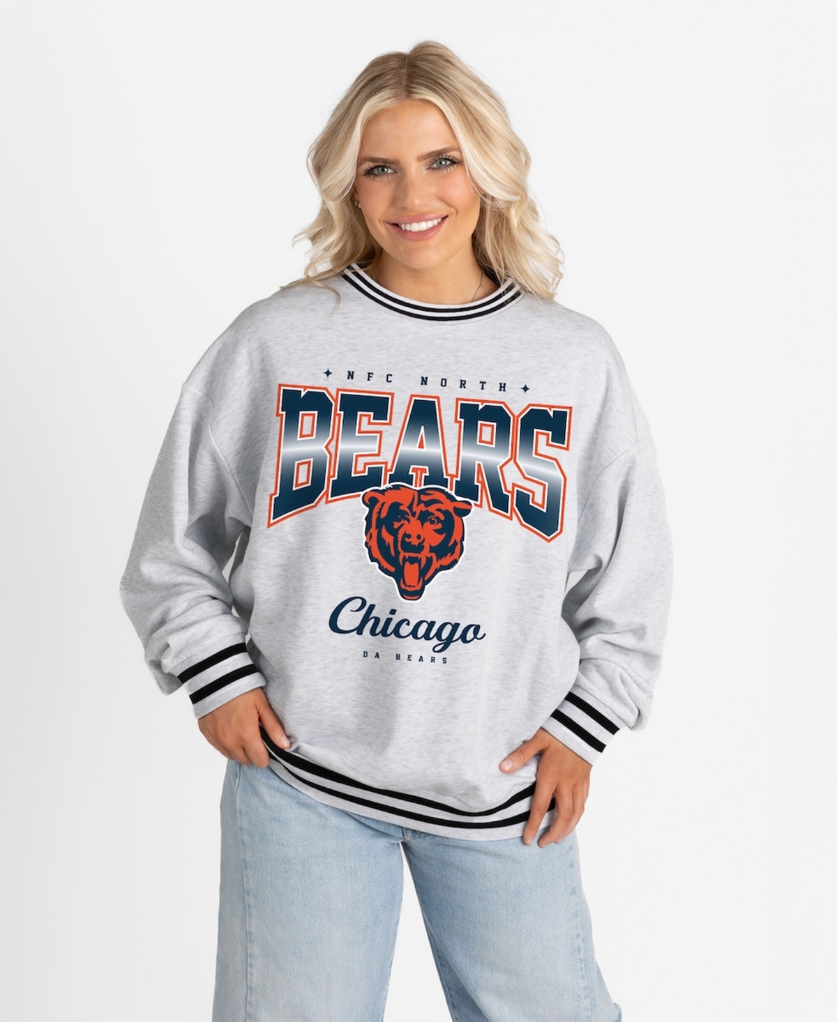 Gameday Couture Women's Ash/Black Chicago Bears Oversized Gridiron Drive Ringer Stripe Sweatshirt