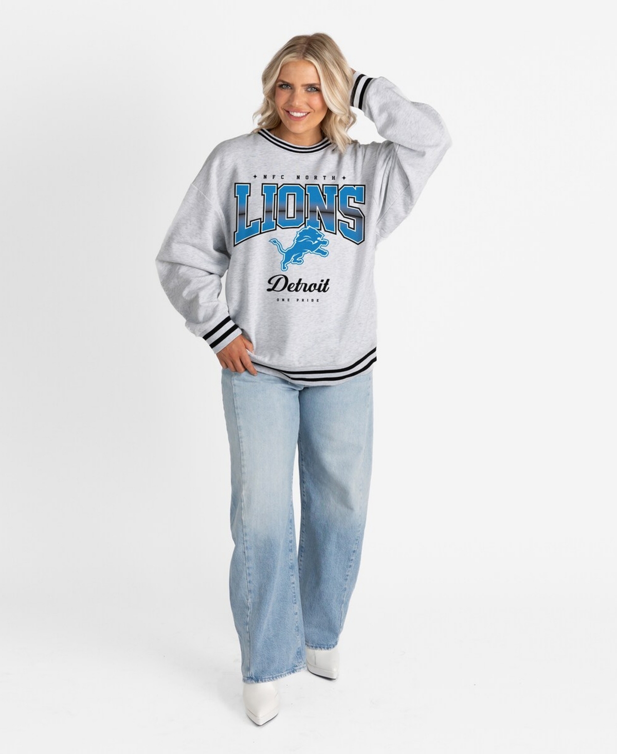 Gameday Couture Women's Ash/Black Detroit Lions Oversized Gridiron Drive Ringer Stripe Sweatshirt