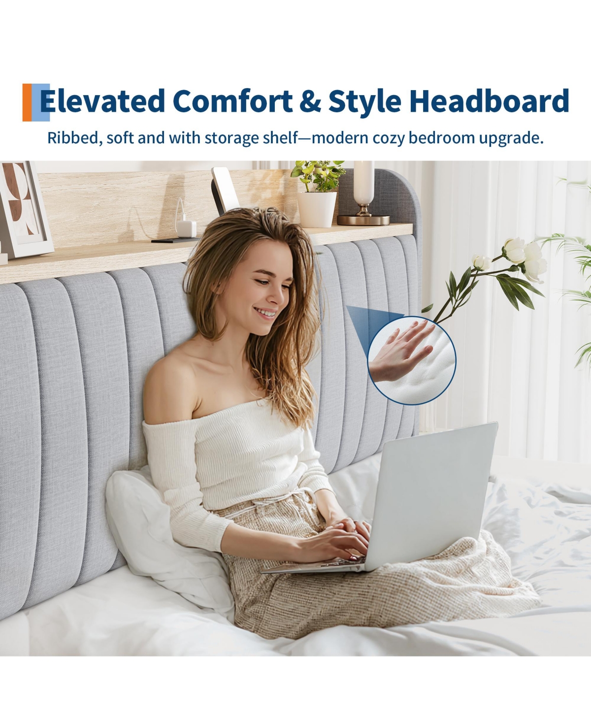 homfan Upholstered Bed Frame with Storage Headboard, Charging Station, Underbed Drawers, Wood Slat Support, No Box Spring Needed
