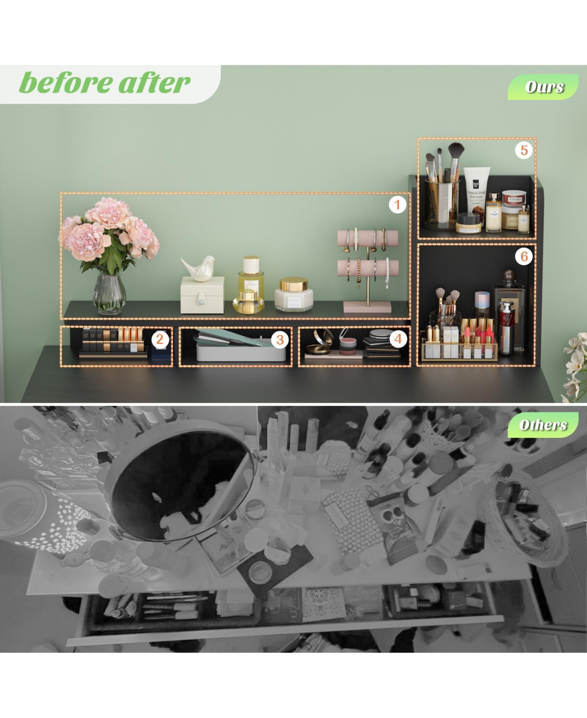 Aheaplus Vanity Desk with Charging Station, Makeup Table Storage Drawers, Cabinet, Shelves