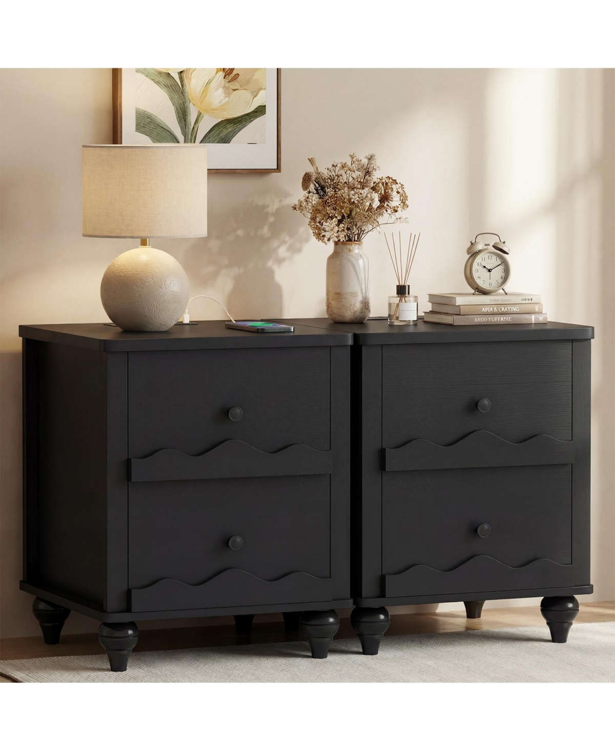 Aheaplus Wooden Nightstand with Charging Station, Storage Dresser 2 Drawers