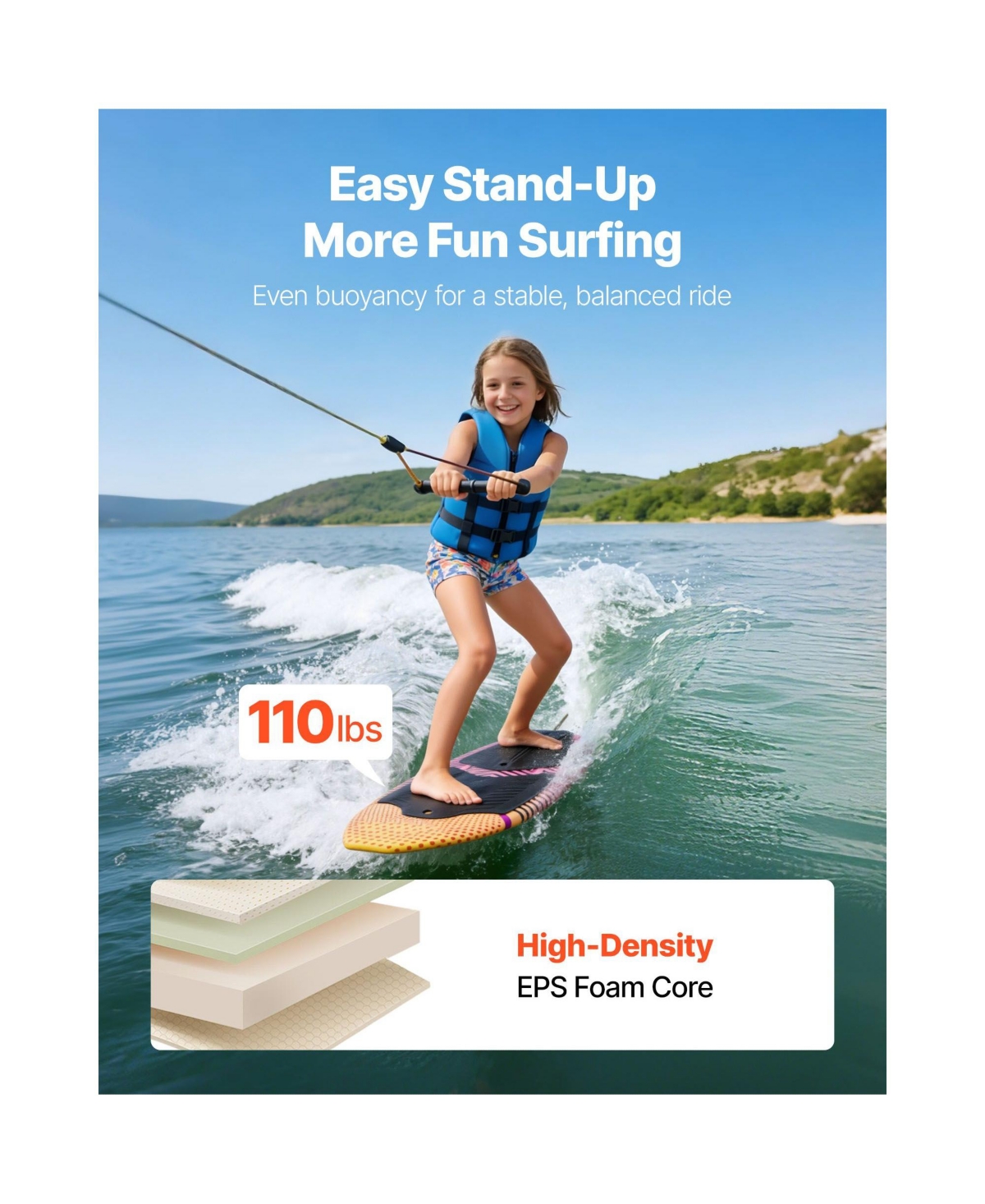 Hikeen 45 Inch Wakesurf Board Wake Surfing Board with Eps Foam Core and Eva Non Slip Pad Uv Resistant Wakesurfing Boards for Youth Up to 110 lbs