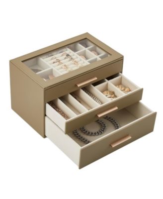 3-Tier Jewelry Box with Glass Lid, 3 Drawers, Pearl Velvet Lining, PU Leather, for Dresser and Vanity