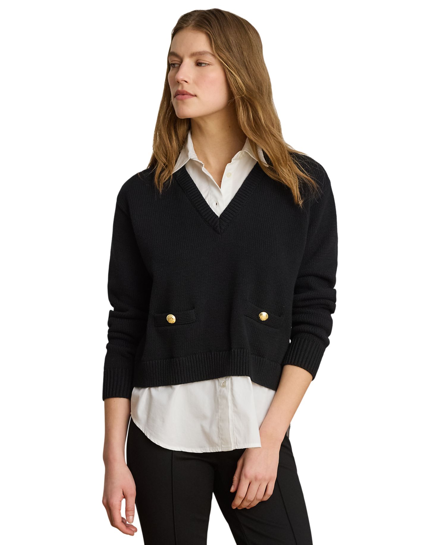 Petite Layered Button-Trim Cotton Sweater
