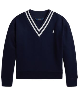Girls' 7-16 Striped Fleece V-Neck Sweatshirt