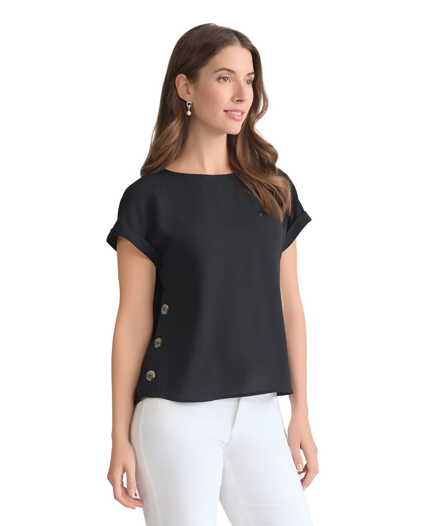 Женский топ Jones New York Side-Button Short-Sleeve Top, цвет: Чёрный — фото 3