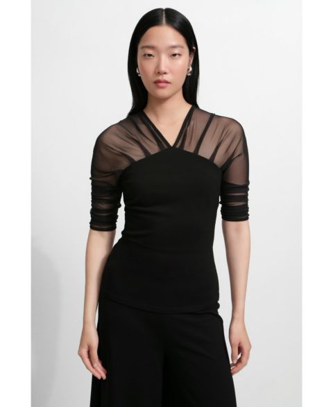 Женский топ Marcella Reva Sheer Mesh-Sleeve Evening Top, цвет: Чёрный