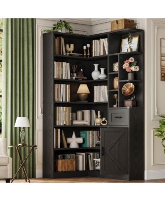 74 Inch Tall 6-Tier L-Shaped Corner Bookshelf with Drawer and Cabinets for Home, Office