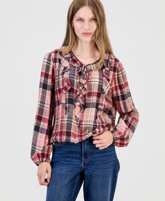 Women's Ruffled Long-Sleeve Plaid Blouse
