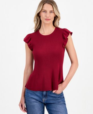 Women's Flutter-Sleeve Ribbed Sweater