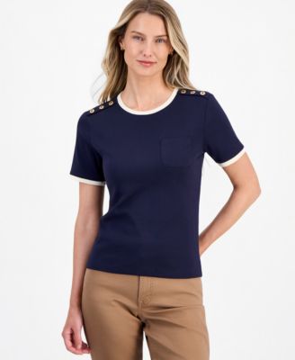 Women's Cotton Button-Shoulder Ringer T-Shirt