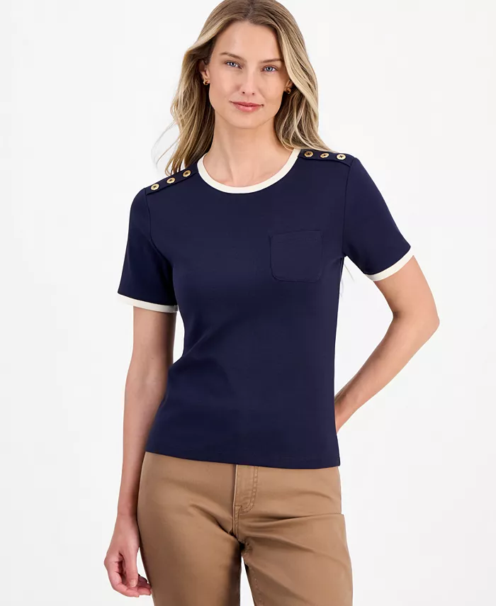 Women's Cotton Button-Shoulder Ringer T-Shirt - thumbnail 4