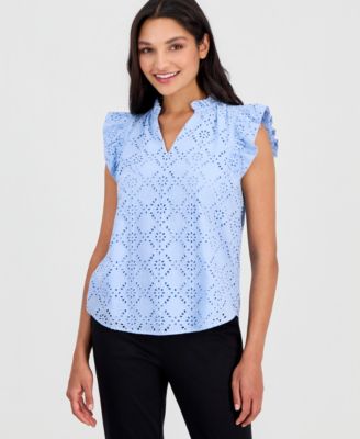 Women's Cotton Eyelet Flutter-Sleeve Top