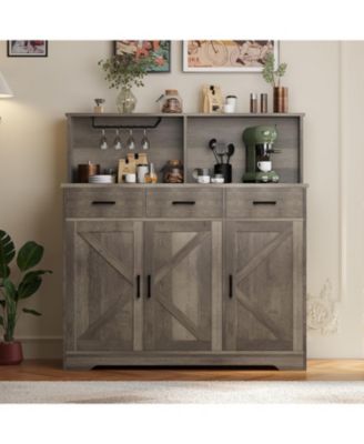 47in Farmhouse Entryway Storage Cabinet with Microwave Stand Adjustable Shelves, 3 Drawers, Barn Door, Wooden Sideboard Buffet for Kitchen