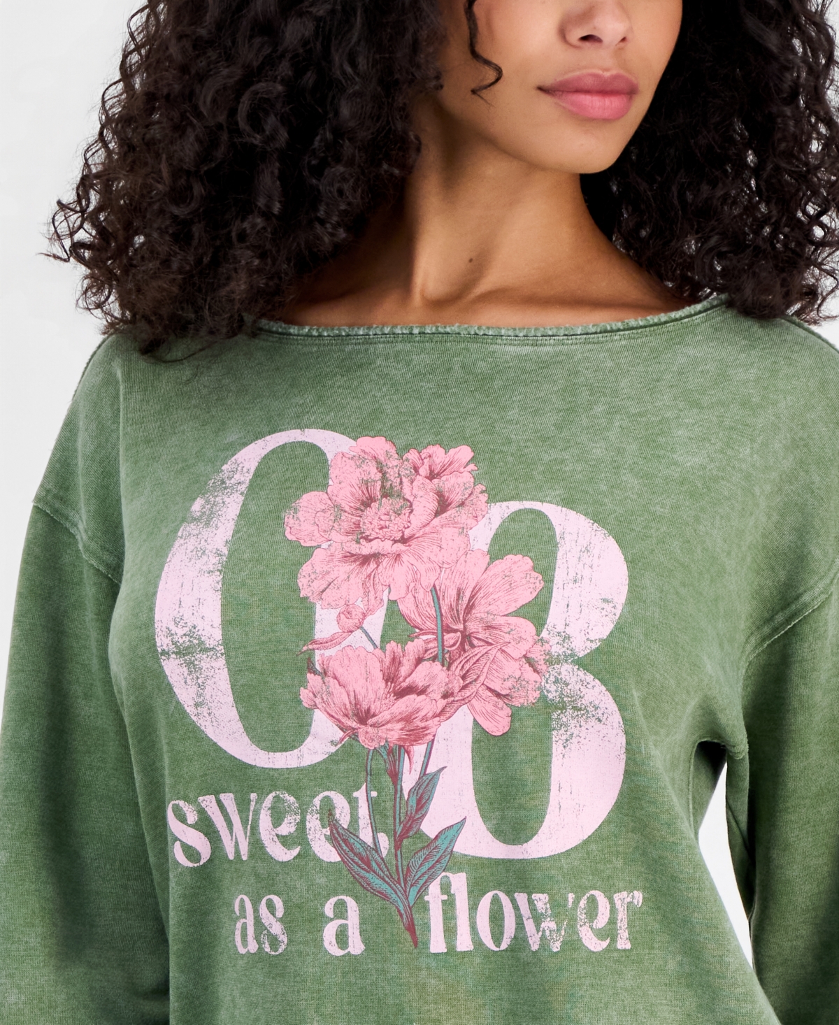 Rebellious One Juniors' Sweet Flowers Boat-Neck Fleece Sweatshirt