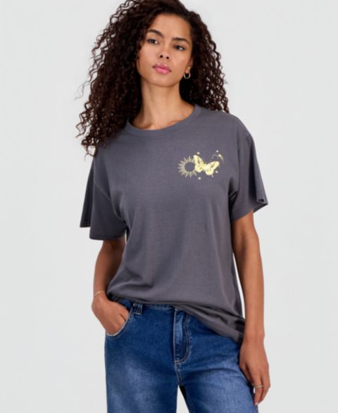 Женская футболка Rebellious One Juniors' Cotton Butterfly Graphic, цвет: Turbulence