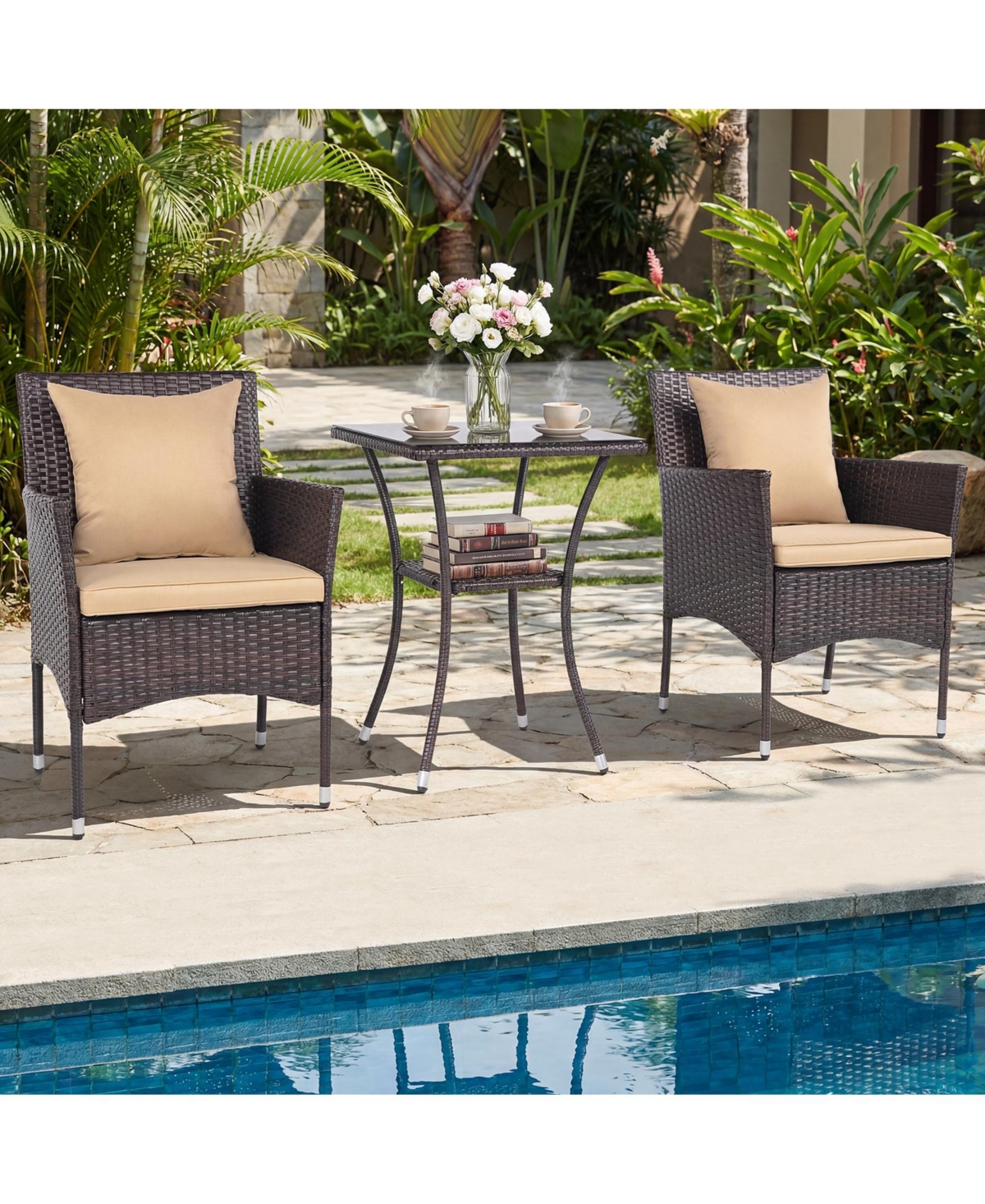 3 Pcs Patio Furniture Set witn Cushioned Chairs & Tempered Glass Coffee Table
