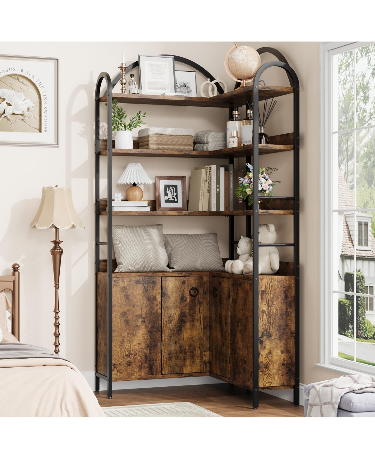 gaomon 74 Inch Corner 6 Tier Bookshelf with Cabinet Doors and Storage Shelves for Living Room Home Office, Brown