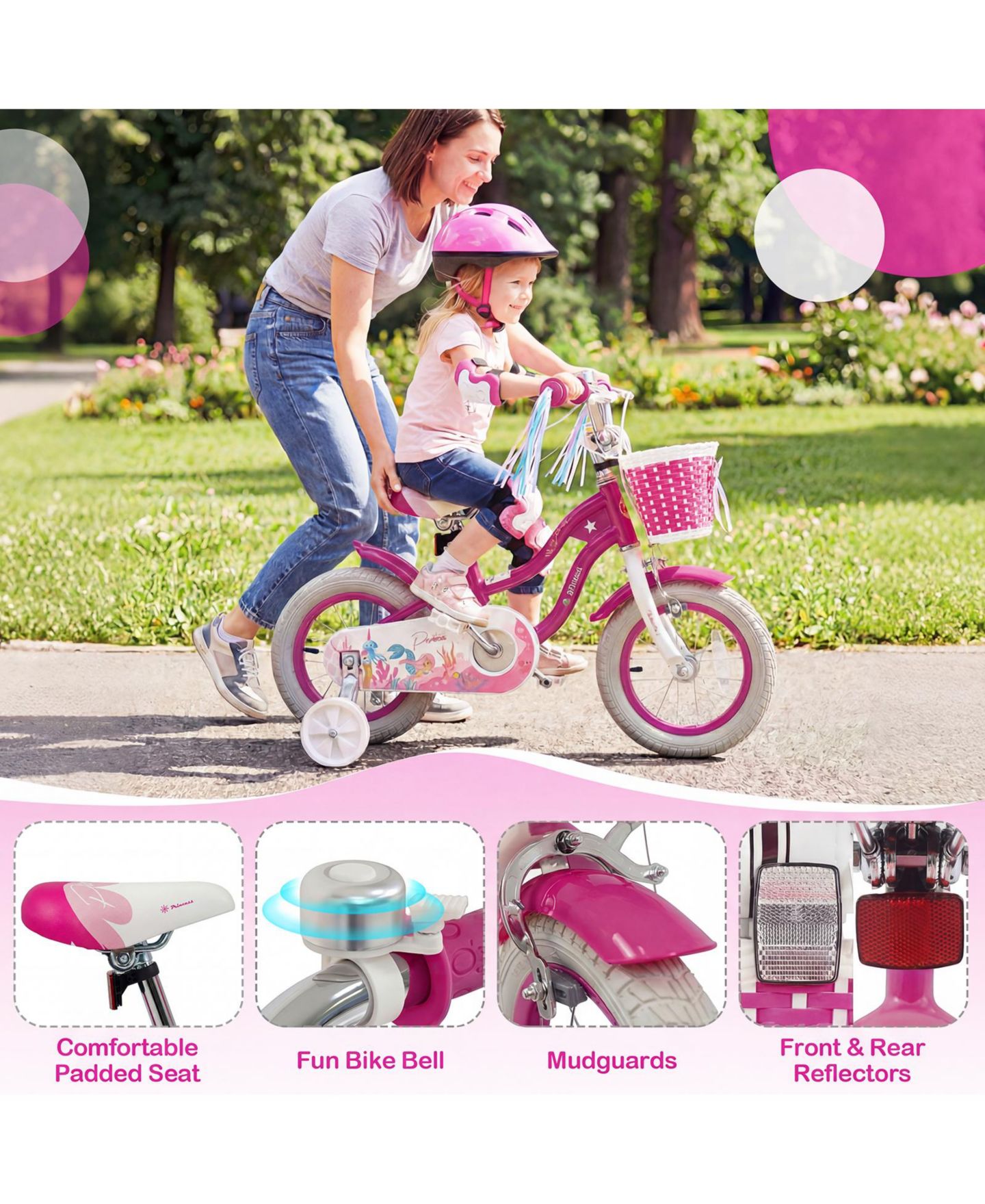 Детская игрушка Gymax Mermaid 12" Metal Kids Bike with Adjustable Seat and Removable Training Wheels, 110 lbs Capacity, Ages 3-4, цвет: Розовый — фото 9