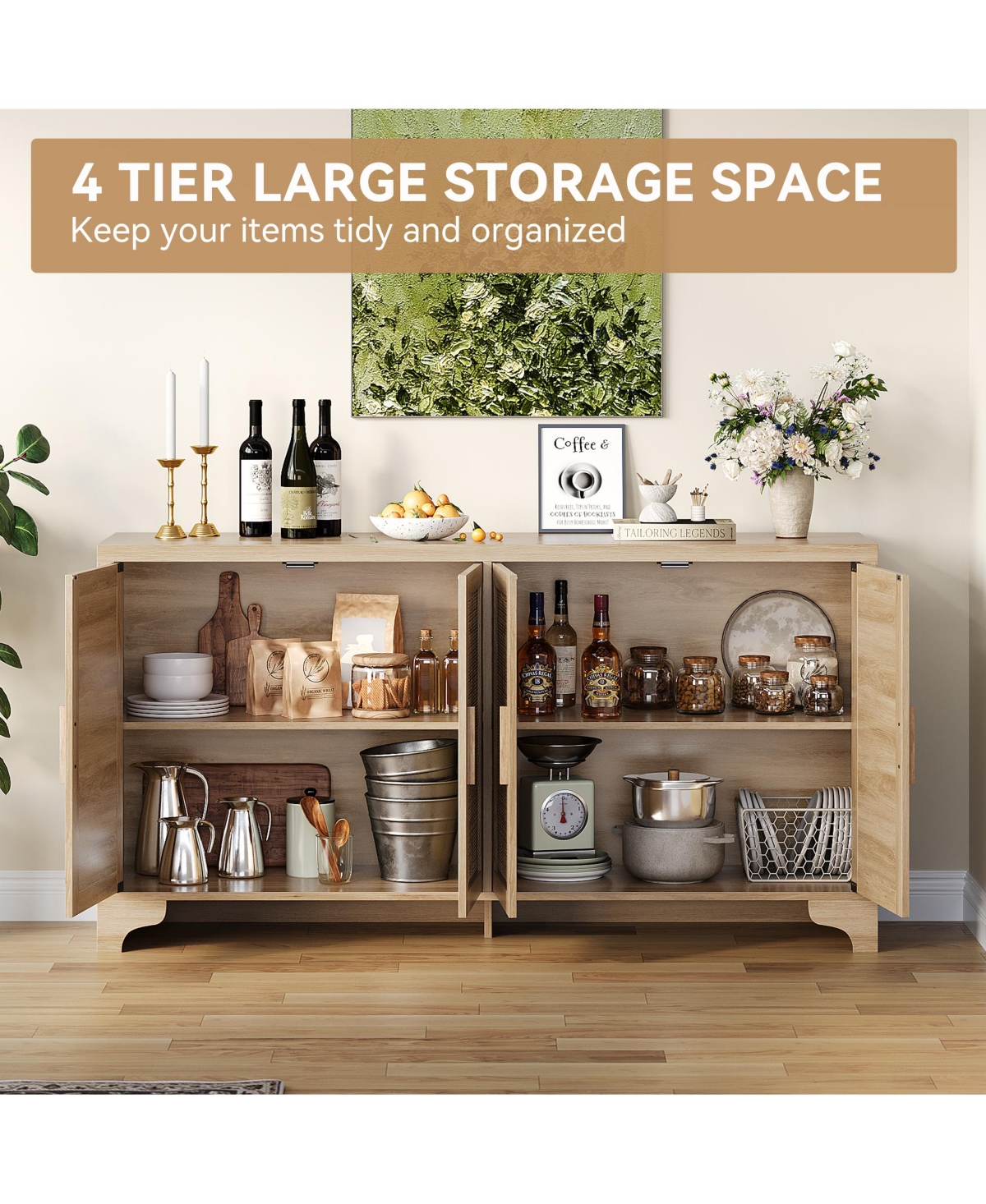 homfan 62.2 Inch Woven Buffet Sideboard, 4-Door Storage Cabinet with Shelves, Modern Farmhouse Wooden Console Table