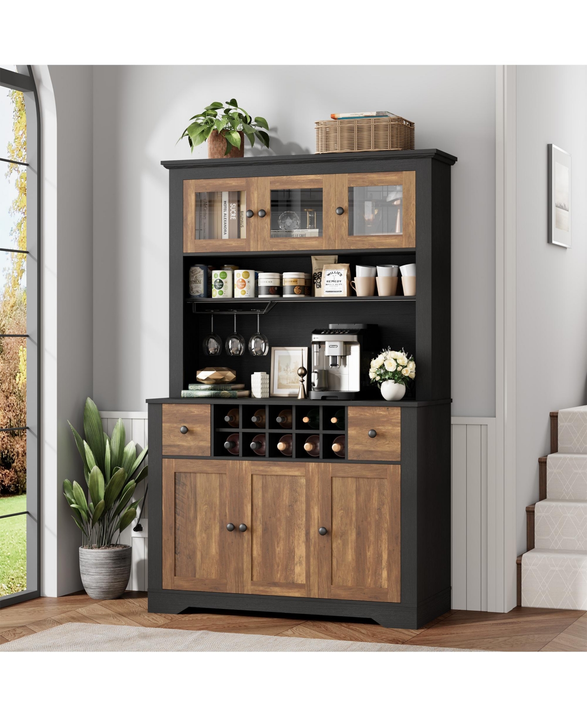 homfan 68.7 Inch Kitchen Pantry Cabinet with Led Lights and Charging Station, Large Hutch Wine Rack Adjustable Shelves