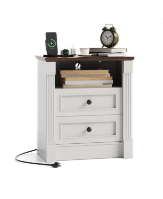 Farmhouse Nightstand with Charging Station, 2-Drawer End Table with Roman Column Legs