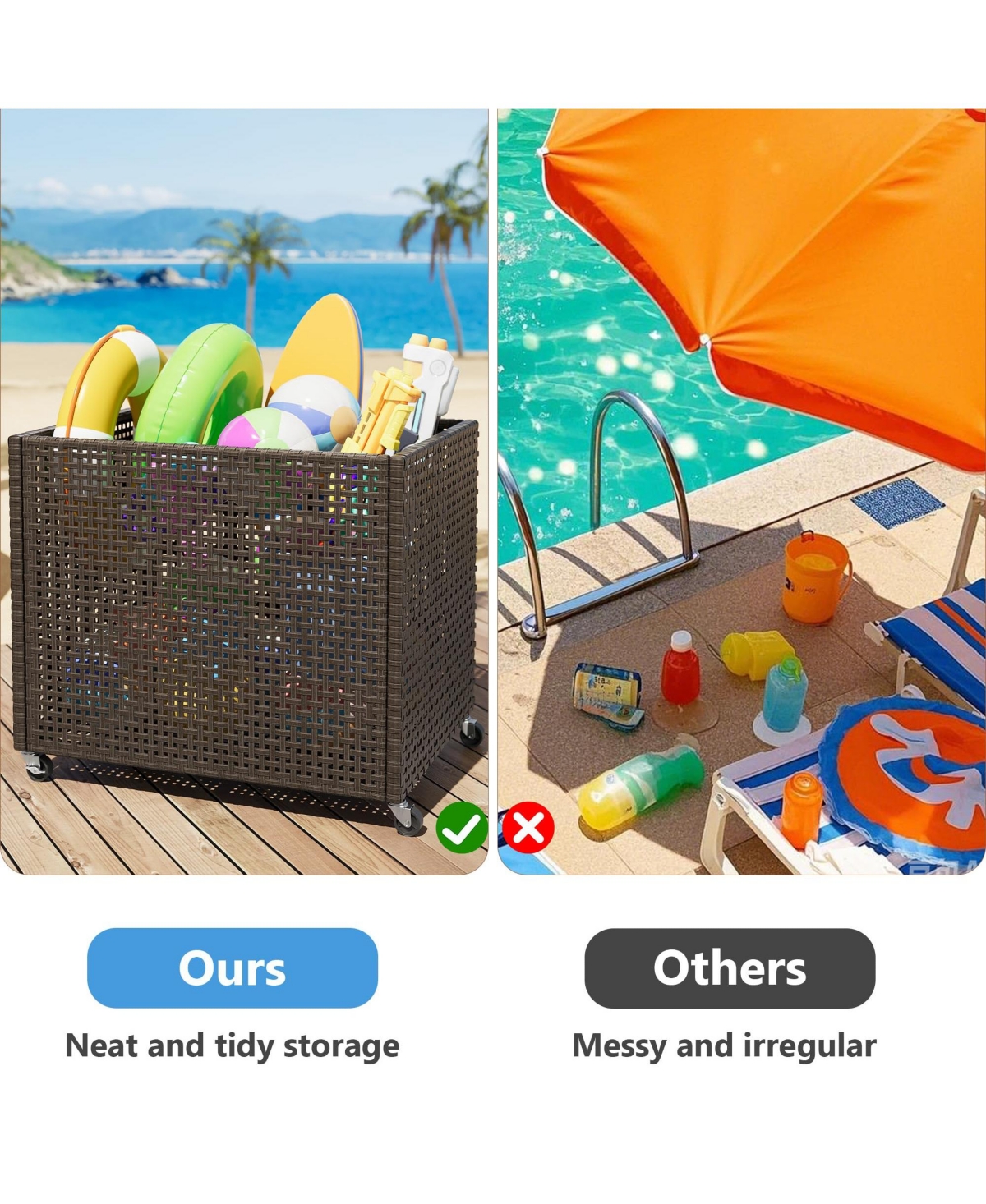 homfan Pool Float Storage Organizer with Wheels, Large Outdoor Mesh Rolling Cart for Noodles, Toys, Floats