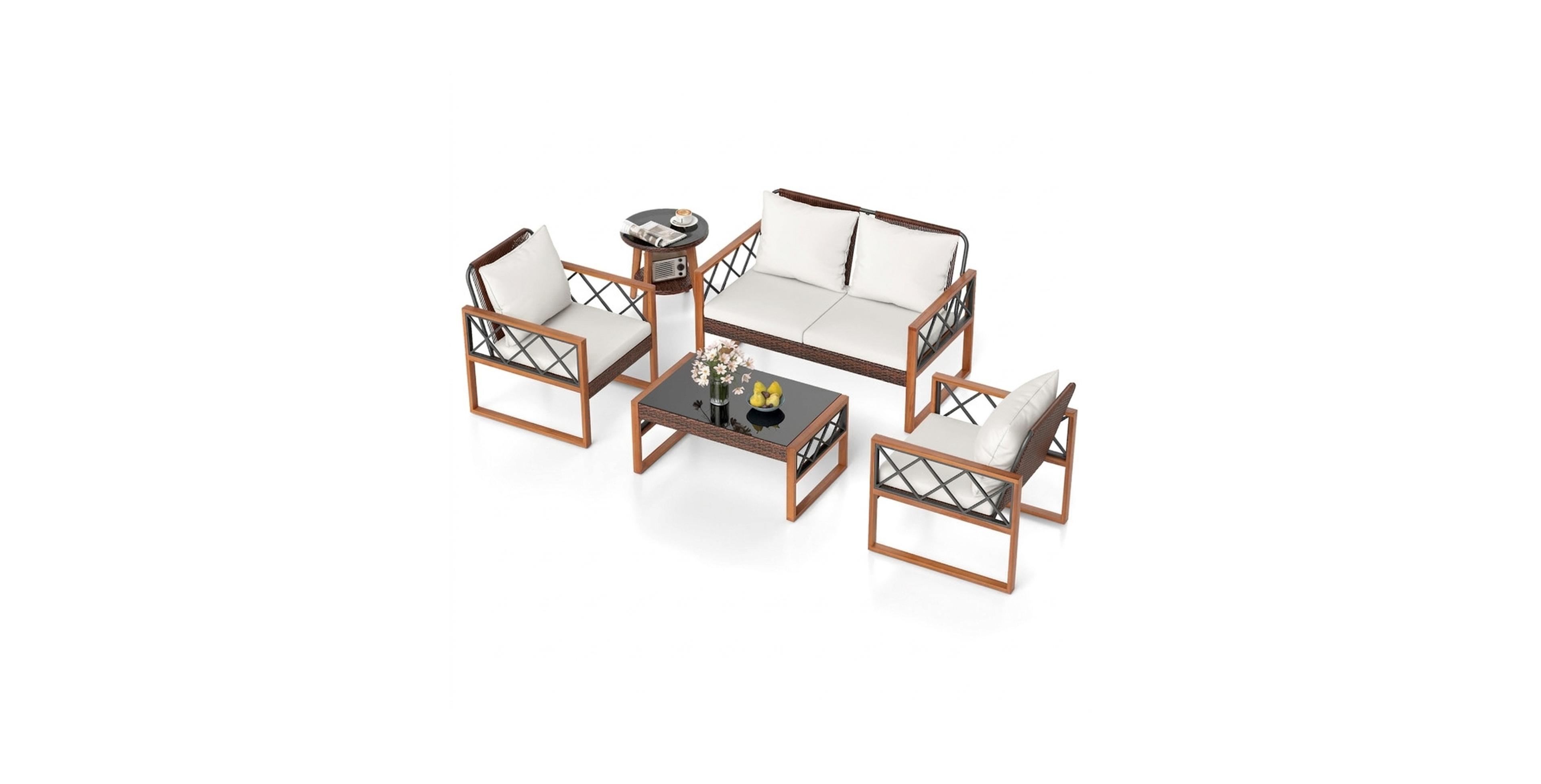 Sugift 5-Piece Pe Wicker Patio Furniture Set with Acacia Wood Frame