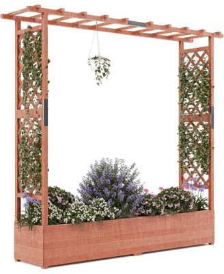 Elevated Wooden Garden Bed with Trellis and Roof, Planter Box with Drainage Holes for Climbing Plants Flowers Patio Deck